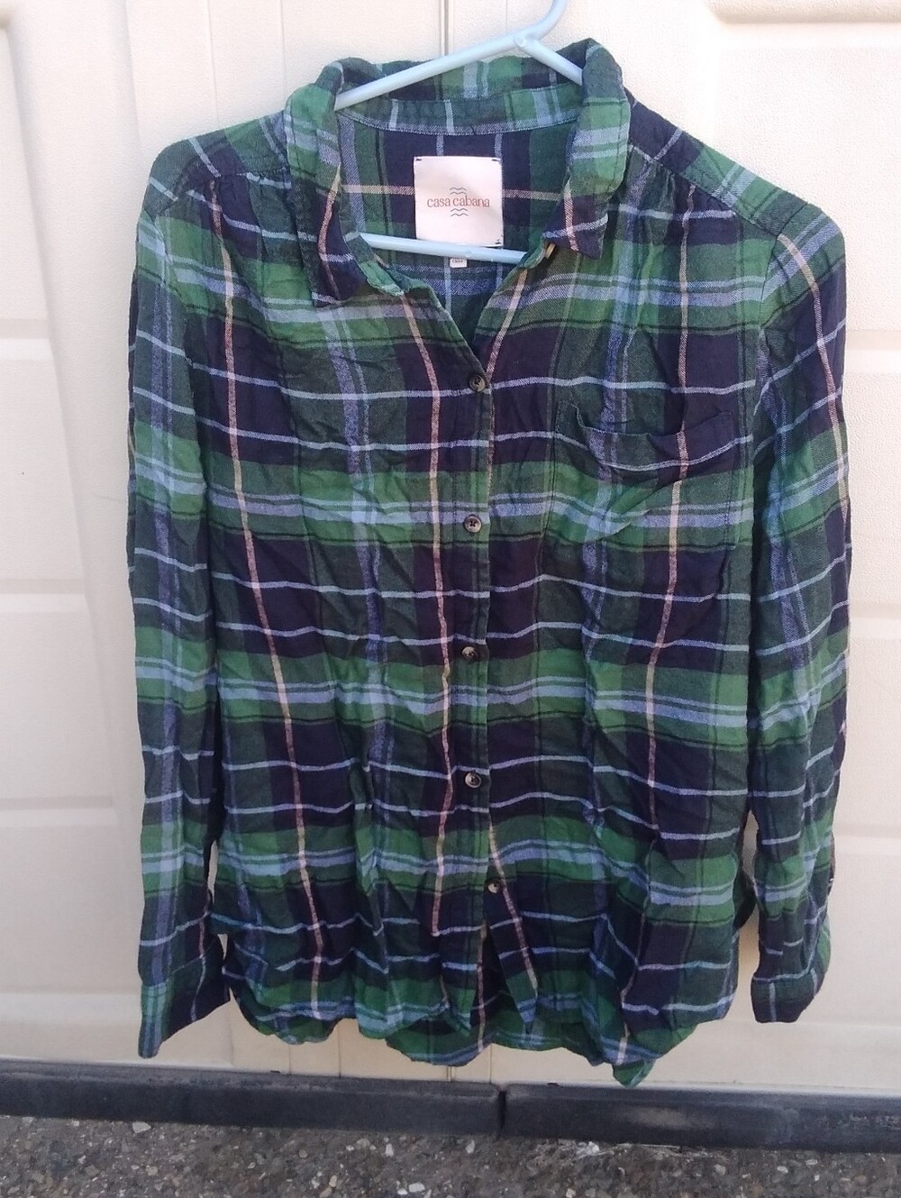 Casa Cabana Top Blouse Green Navy Plaid Button Down Shirt Womens XL Soft